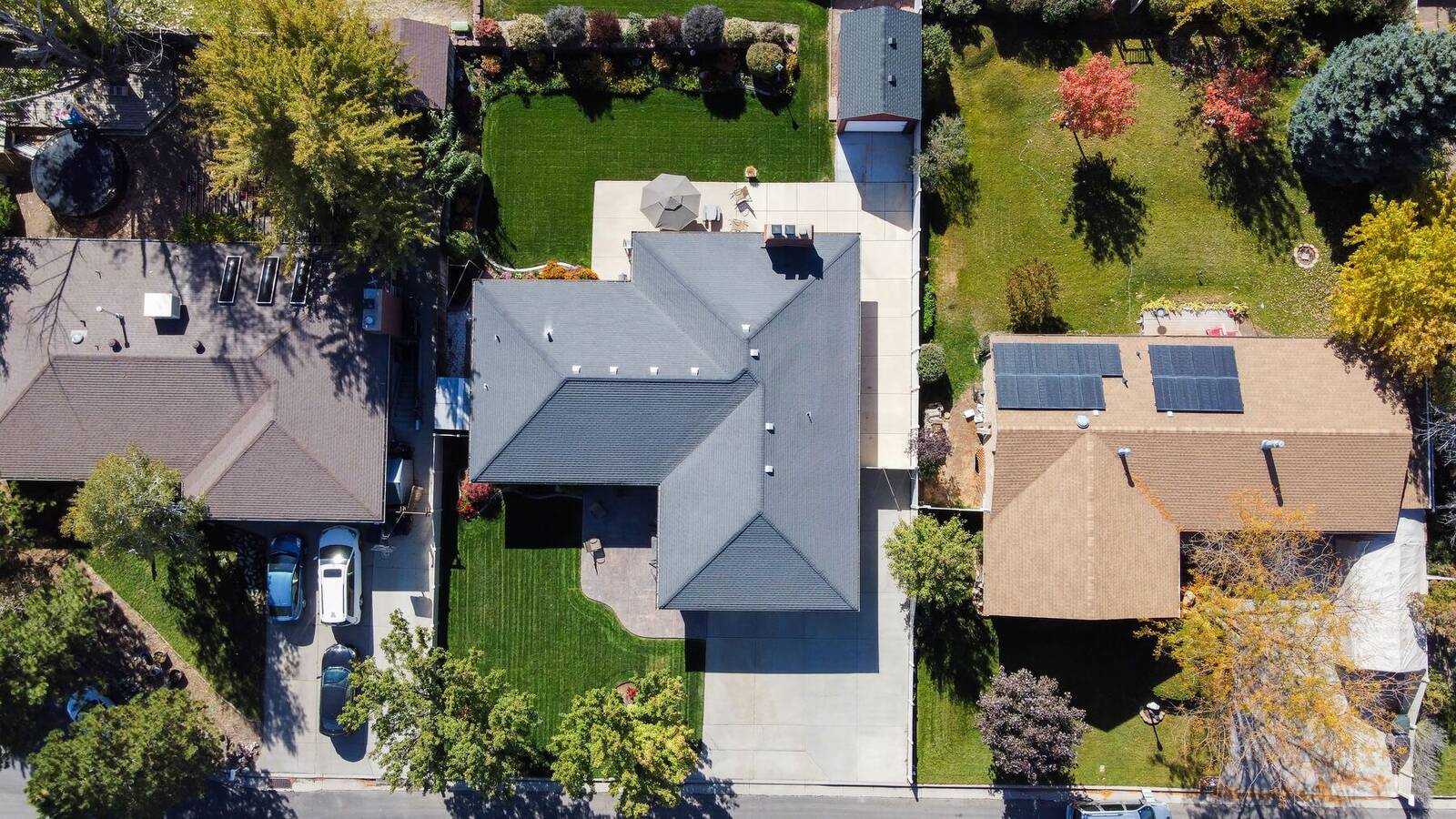 Aerial view of single-family homes with green yards and mature trees
